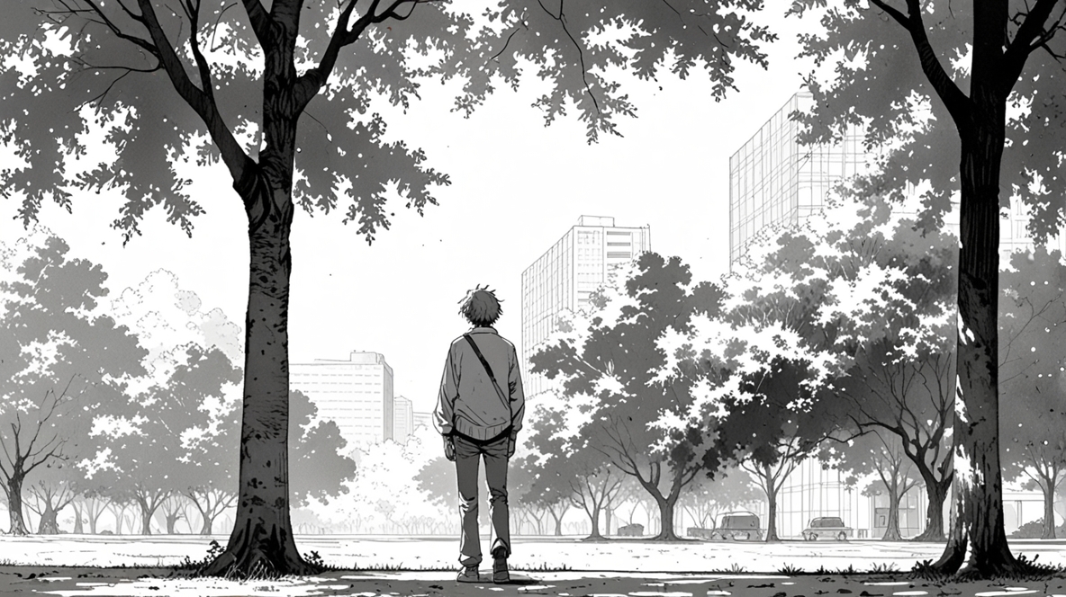 a man is standing in a park.