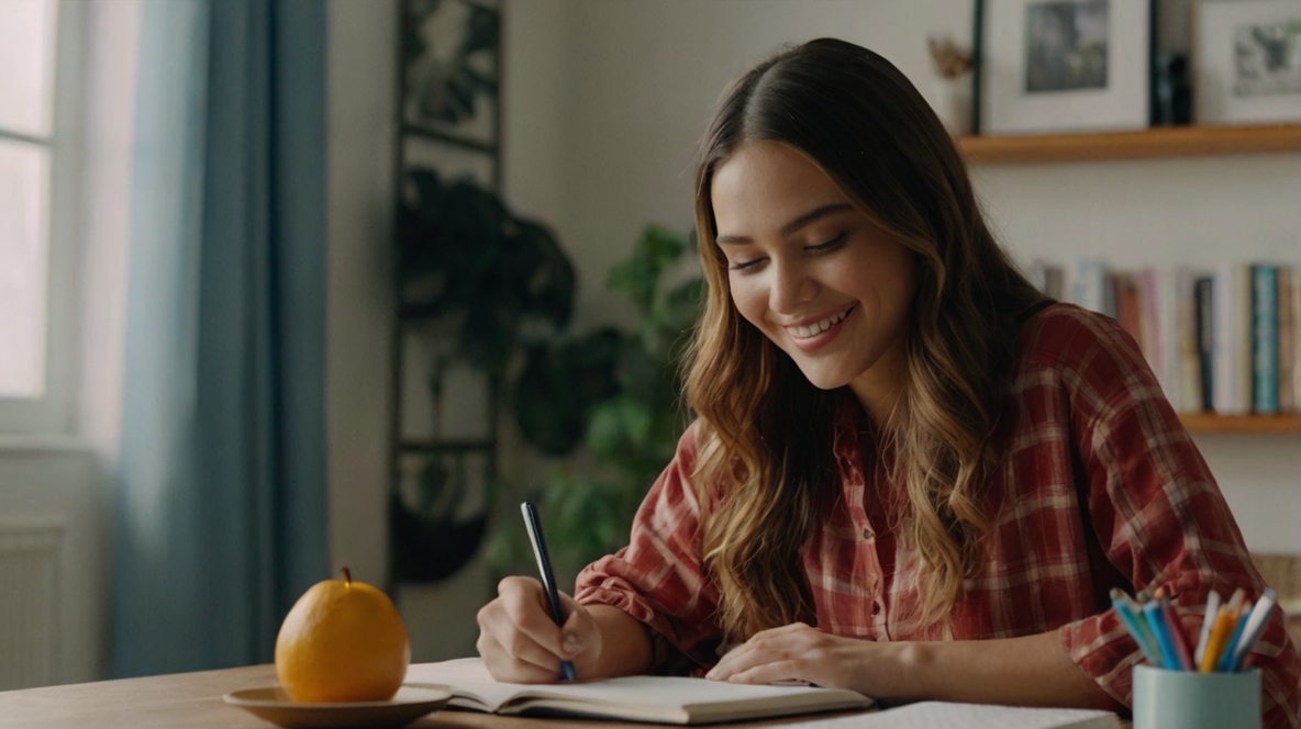 A smiling lady writing in a notebook.