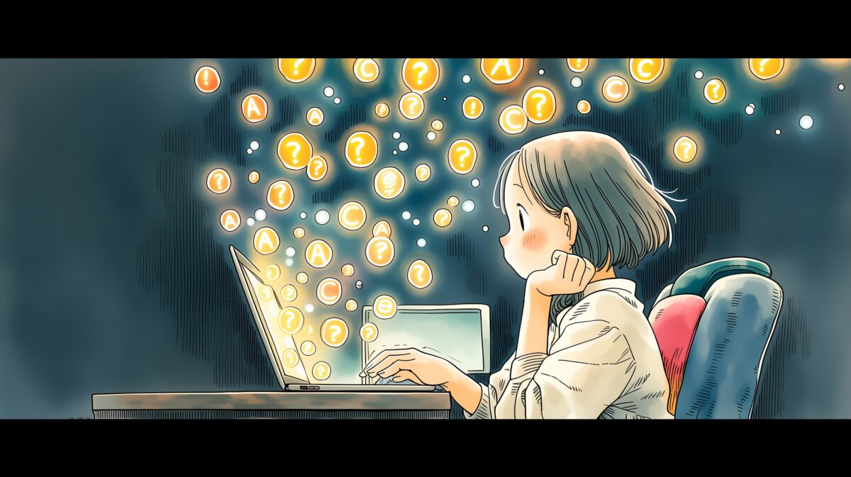 女性がパソコンからシャボン玉のように出ているアルファベットを眺めている。