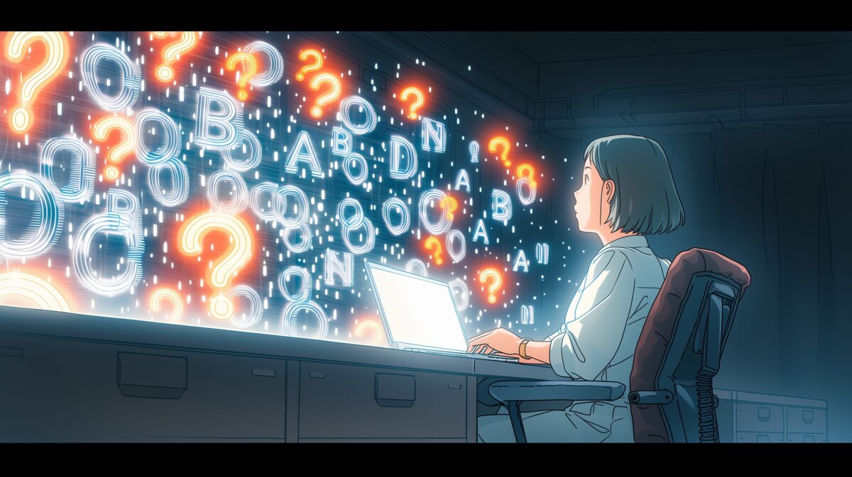 ホログラムで出てきたアルファベットを見ている女性